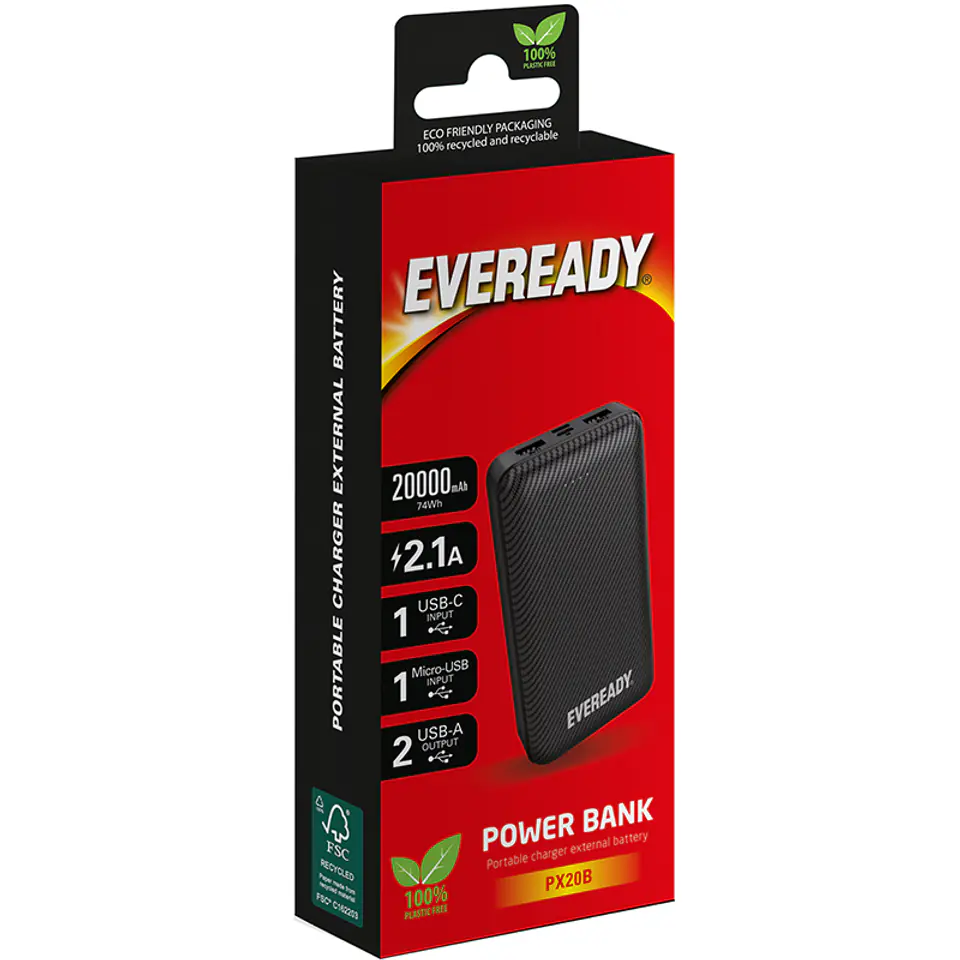 ⁨Eveready PX20B - Powerbank 20000 mAh 2x USB-A (Czarny)⁩ w sklepie Wasserman.eu