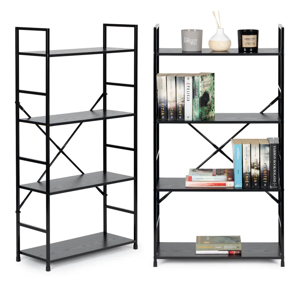 Regał drewniany szeroki 4 półki nowoczesny LOFT czarny ModernHome w sklepie Wasserman.eu