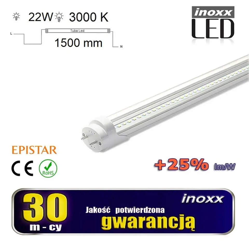 ⁨ŚWIETLÓWKA LED 150CM 22W T8 3000K G13 CIEPŁA PRZEZROCZYSTA DWUSTRONNA⁩ w sklepie Wasserman.eu