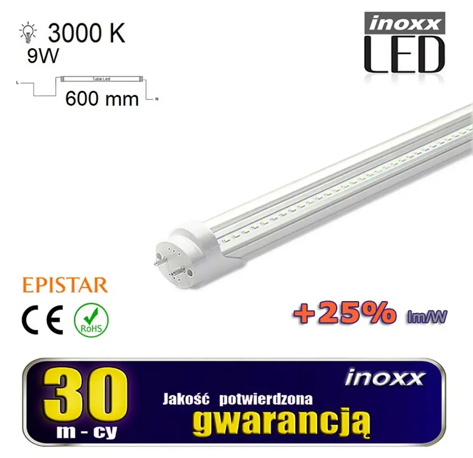 ⁨ŚWIETLÓWKA LED 60CM 9W T8 3000K G13 CIEPŁA PRZEZROCZYSTA⁩ w sklepie Wasserman.eu