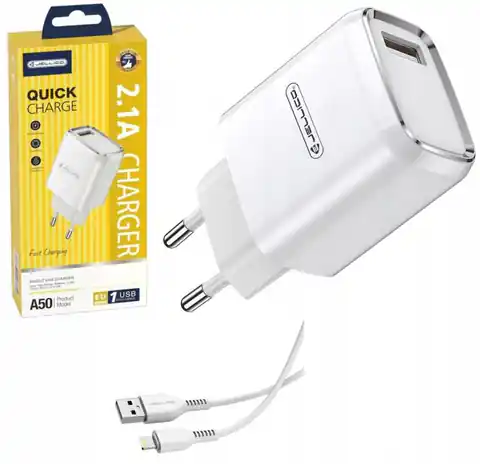 ⁨Ładowarka Sieciowa 2.1A USB + Kabel USB - USB-C Jellico A50 białe⁩ w sklepie Wasserman.eu