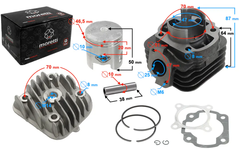 ⁨Cylinder i głowica Moretti do skutera 2T 70cc 1PE40QMB sw.10mm⁩ w sklepie Wasserman.eu