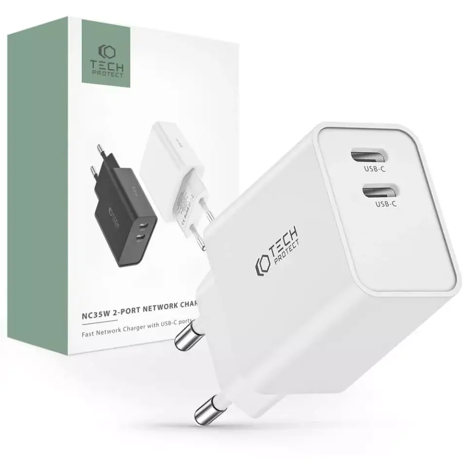 ⁨Ładowarka sieciowa Tech-protect c35w 2-port network charger PD35w white⁩ w sklepie Wasserman.eu