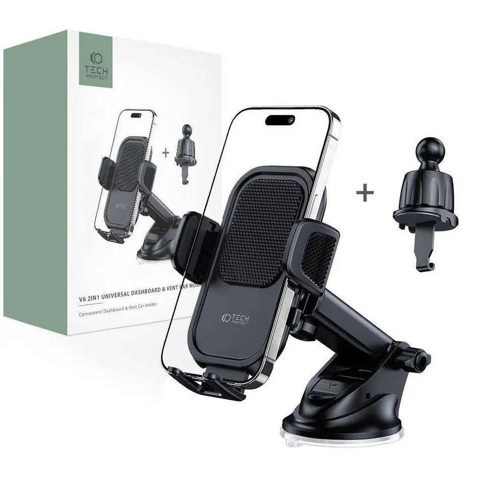 ⁨Uniwersalny Uchwyt Samochodowy do Deski Rozdzielczej / Kratki Nawiewu Tech-Protect V6 czarny⁩ w sklepie Wasserman.eu