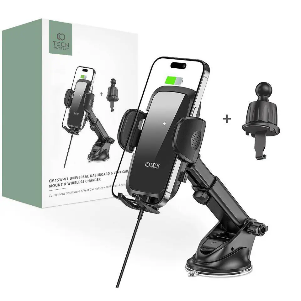⁨Uchwyt Samochodowy z Ładowaniem Indukcyjnym 15W do Deski Rozdzielczej / Kratki Nawiewu Tech-Protect CM15W-V1 czarny⁩ w sklepie Wasserman.eu