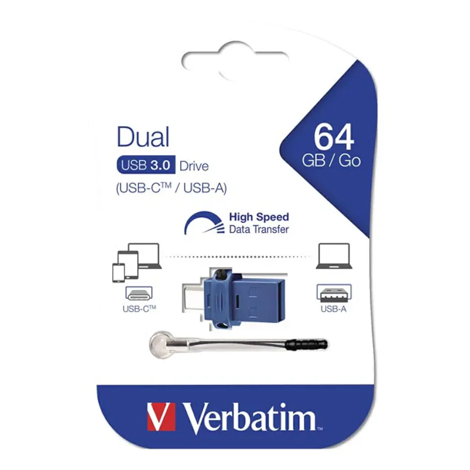 ⁨Verbatim USB flash disk OTG, USB 3.0, 64GB, Dual, niebieski, 49967, USB A / USB C, z oczkiem na brelok⁩ w sklepie Wasserman.eu