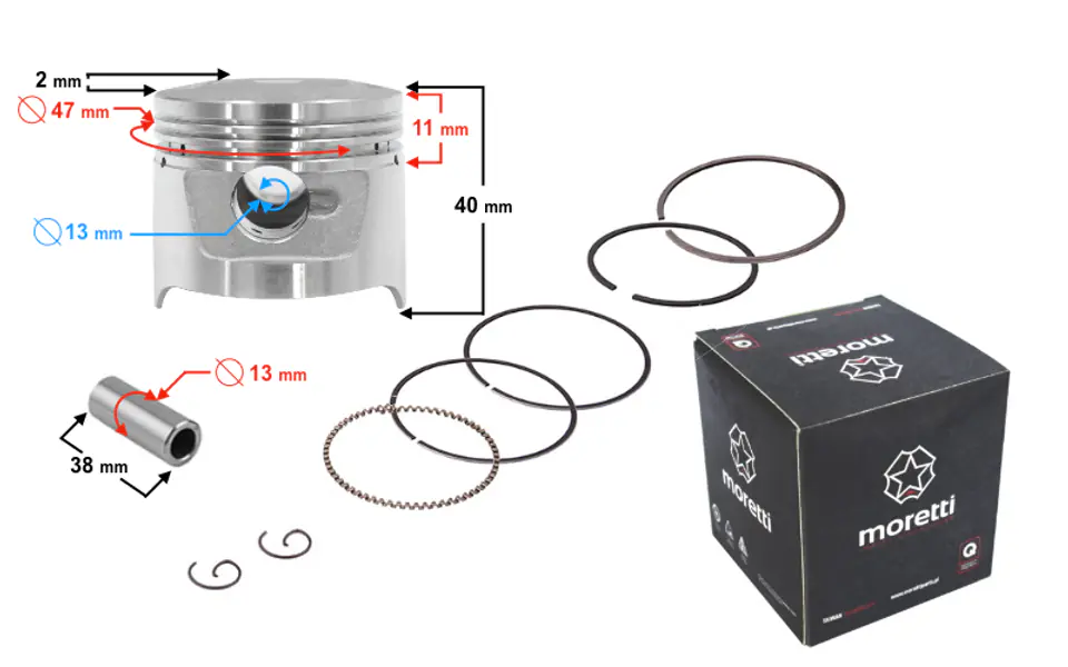 ⁨Tłok Moretti 80cc Motorower 4T, śr:47 sw:13 c:17,5 h:2, komplet⁩ w sklepie Wasserman.eu