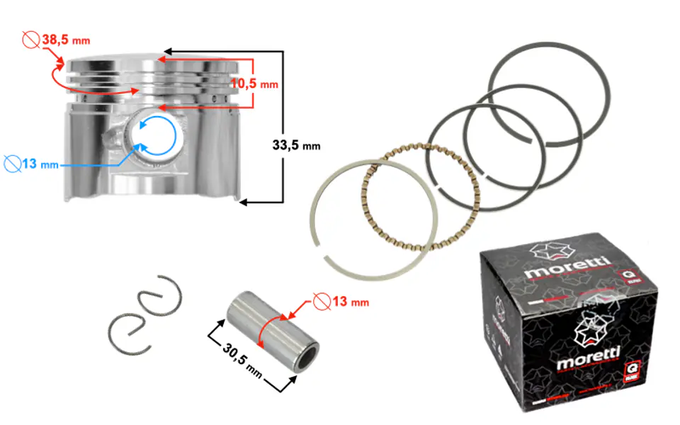 ⁨Tłok Moretti 50cc Skuter 4T, śr.39 sw:13 c:17,2, komplet⁩ w sklepie Wasserman.eu