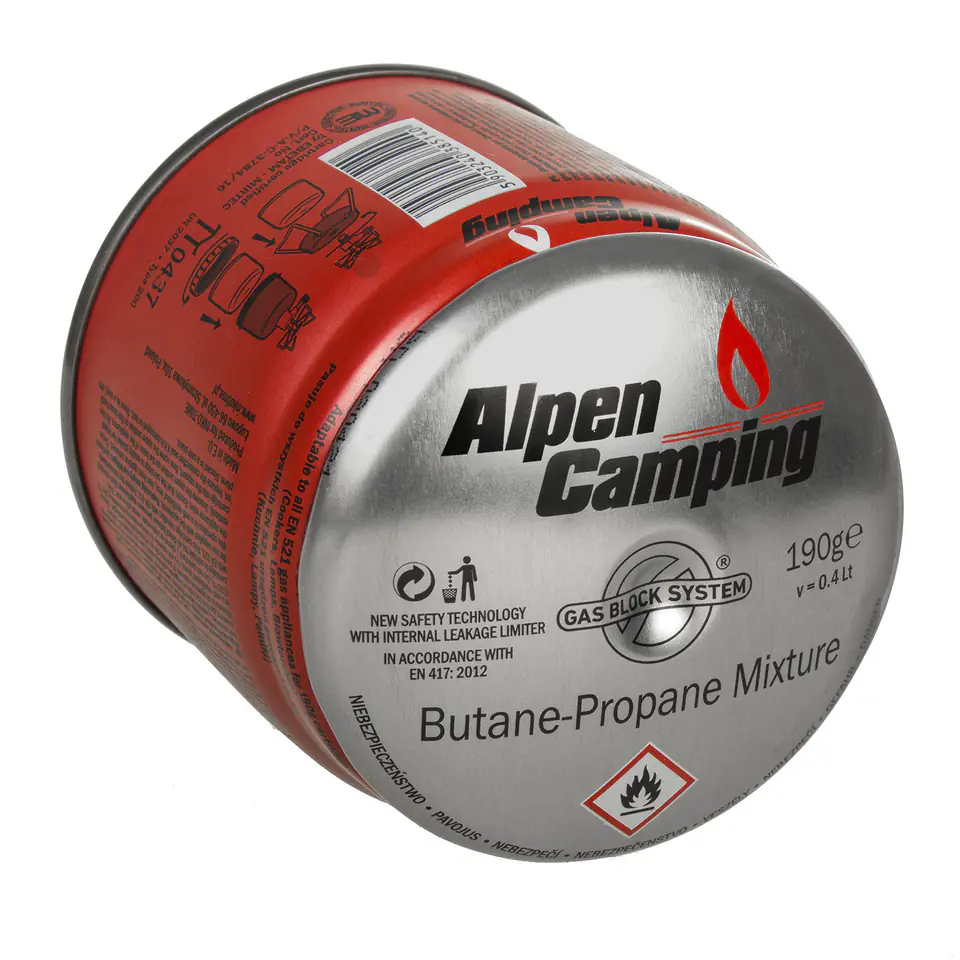 ⁨Kartusz gazowy 400ml Alpen Camping. certyfikat: Pi 0437, zgodny z normą EN417, propan-butan, zakres -10°c do+ 40°c, system GAS S⁩ w sklepie Wasserman.eu