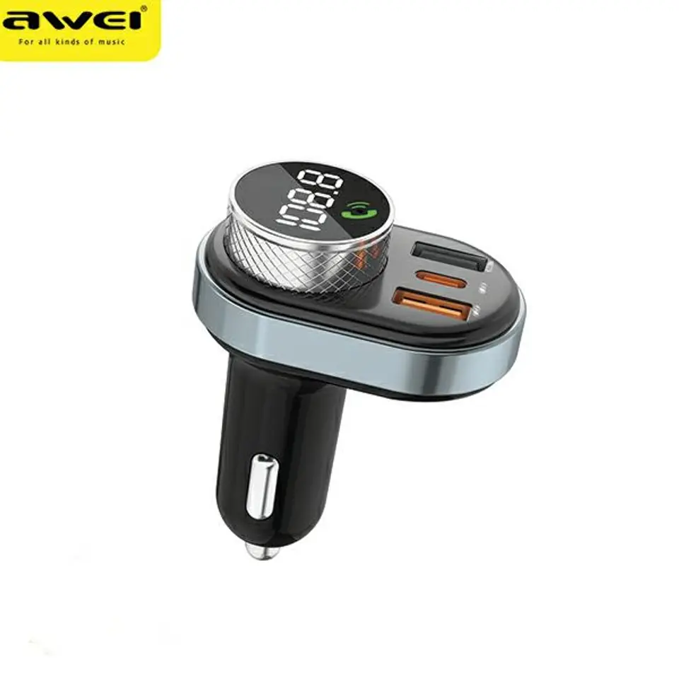 ⁨Awei C-843 Car Charger with Transmitter, Hands-free and MP3, 1xUSB + 1xUSB-C⁩ at Wasserman.eu