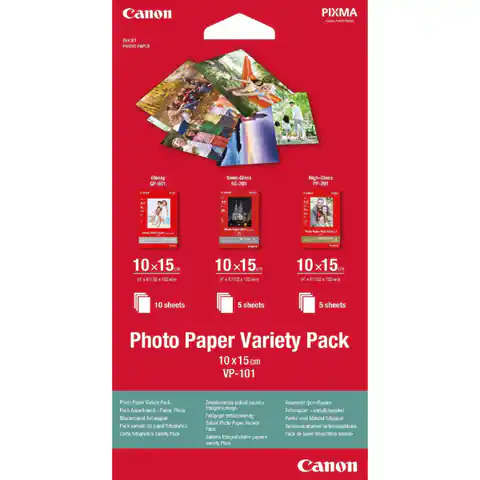 ⁨Canon Photo Paper Variety Pack VP-101, foto papier, 5x PP201, 5x SG201, 10x GP501 typ połysk, biały, 10x15cm, 4x6", 20 szt., 0775B⁩ w sklepie Wasserman.eu