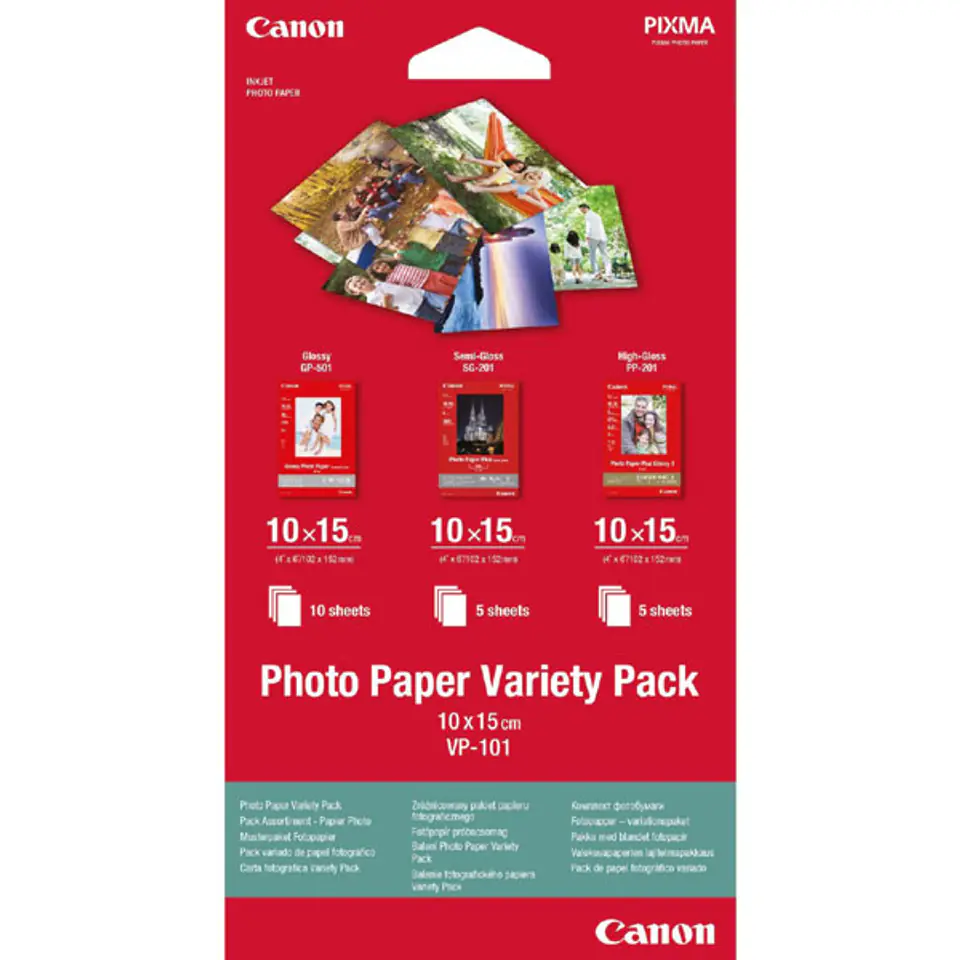 ⁨Canon Photo Paper Variety Pack VP-101, foto papier, 5x PP201, 5x SG201, 10x GP501 typ połysk, biały, 10x15cm, 4x6", 20 szt., 0775B⁩ w sklepie Wasserman.eu