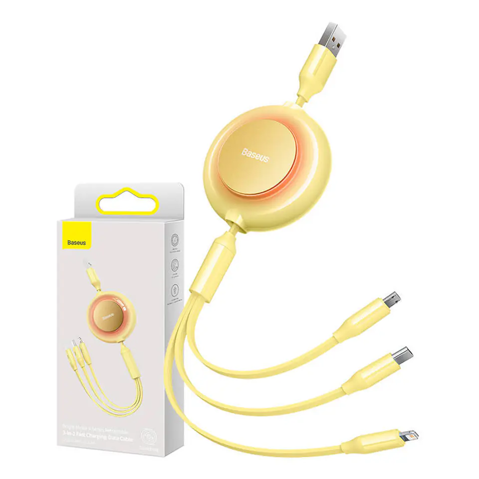 ⁨Baseus Bright Mirror 2 USB 3in1 cable, micro USB / Lightning / USB-C, flat, 3.5A, 1.1m (yellow)⁩ at Wasserman.eu