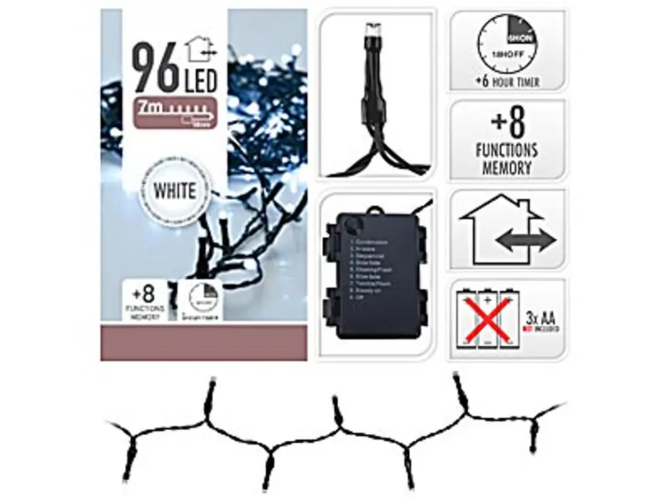 ⁨ŁAŃCUCH LED 96 BIAŁE WW ZEWNĘTRZNE +8FUNKCJI TIMER 3x AA 1,5V NA BATERIE⁩ w sklepie Wasserman.eu