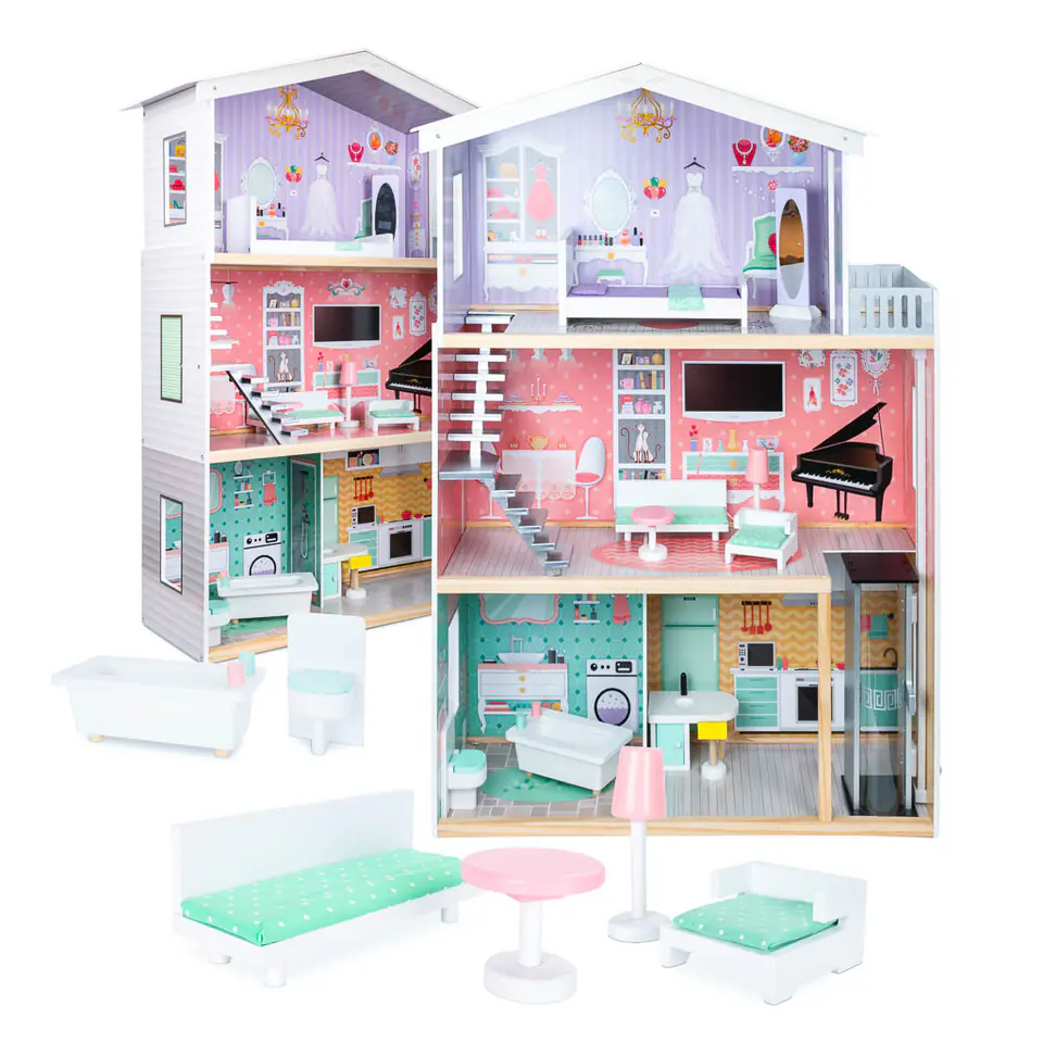 ⁨Dollhouse wooden + pastel furniture 117cm⁩ at Wasserman.eu