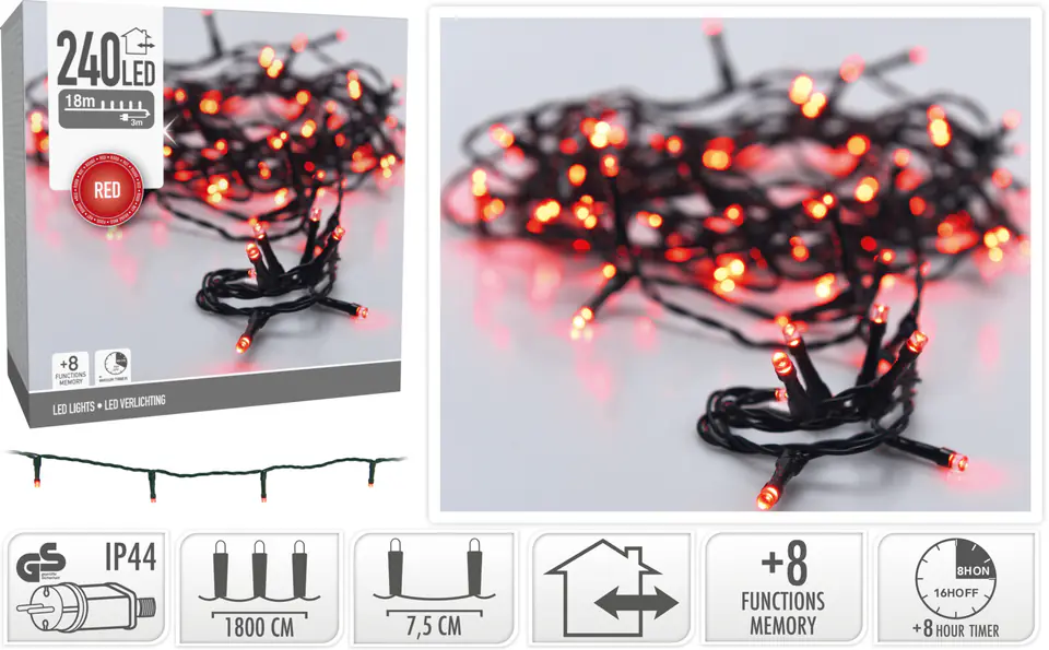 ⁨ŁAŃCUCH LED 240L CZERWONY NA ZEWNĄTRZ18m +8funkcji⁩ w sklepie Wasserman.eu