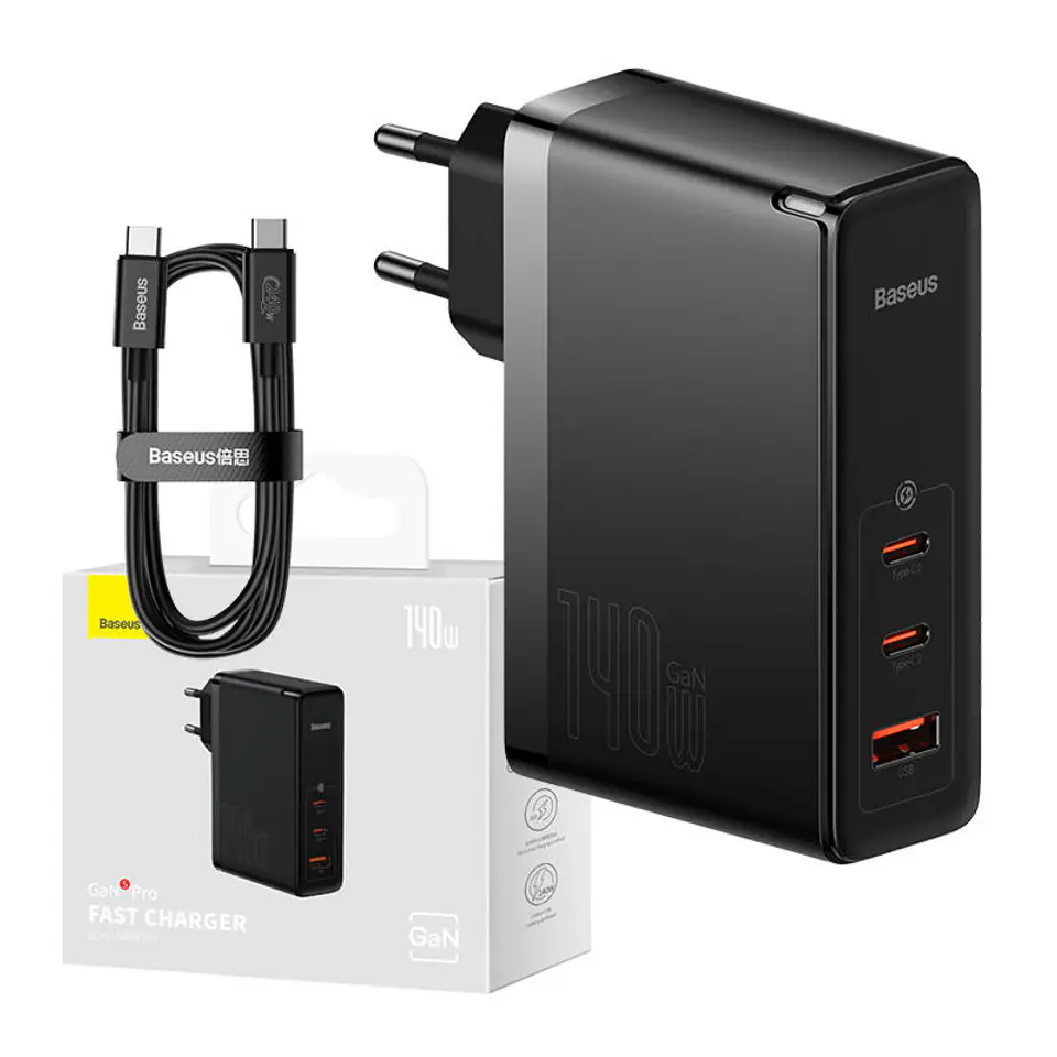 ⁨Ładowarka sieciowa Baseus GaN5 Pro 2xUSB-C + USB, 140W (czarna)⁩ w sklepie Wasserman.eu