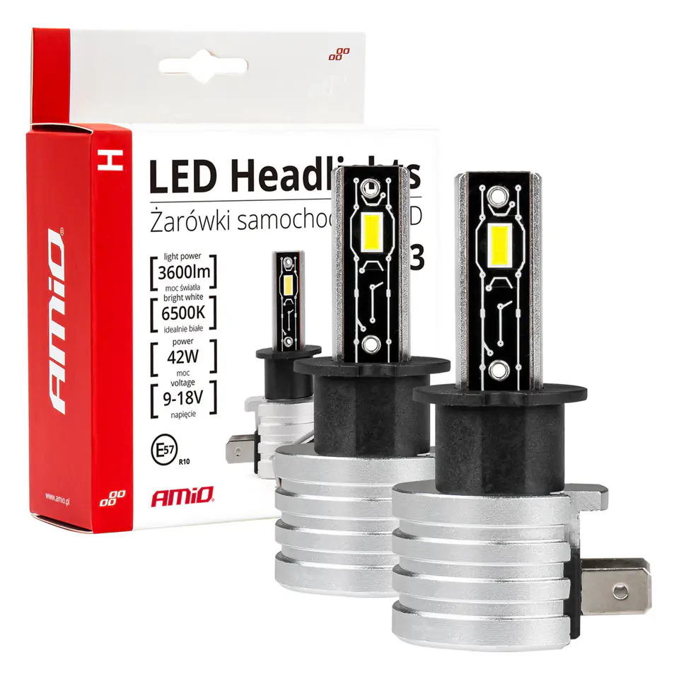 ⁨Żarówki samochodowe led seria h-mini h3 6500k canbus amio-03330⁩ w sklepie Wasserman.eu