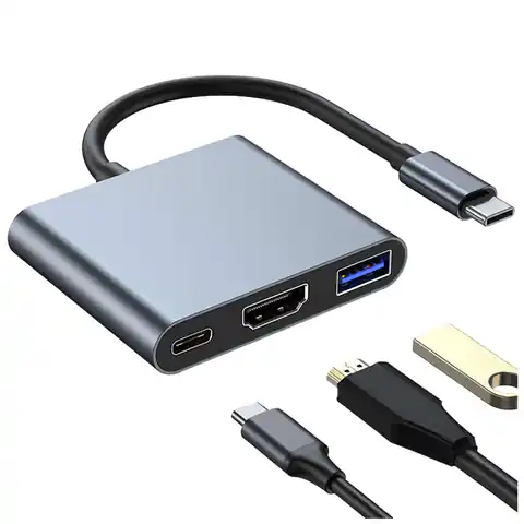 ⁨Adapter przejściówka HUB 3w1 Alogy USB-C na HDMI + USB-C + USB-A 4K 60Hz szary⁩ w sklepie Wasserman.eu