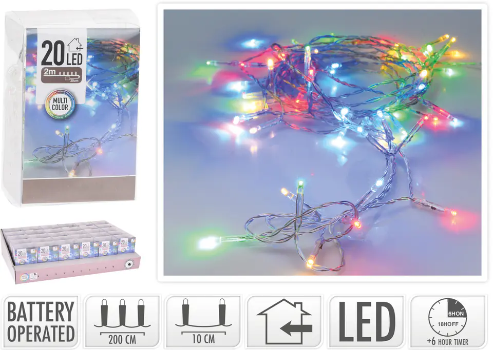 ⁨ŁAŃCUCH LED 20L MULTI 2M WEWNĘTRZNE TIMER NA BATERIE⁩ w sklepie Wasserman.eu