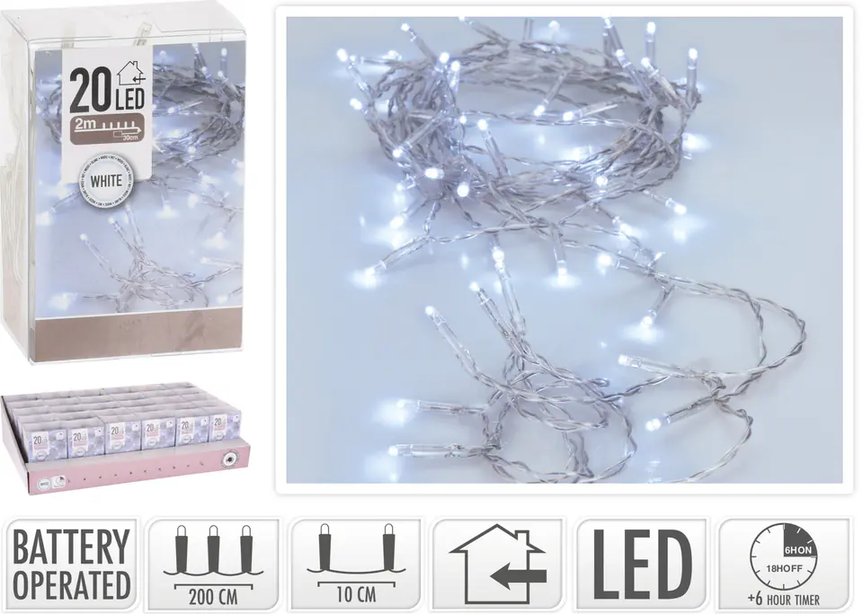 ⁨ŁAŃCUCH LED 20L BIAŁE 2M WENĘTRZNE NA BATERIE TIMER 3xAA 1,5V⁩ w sklepie Wasserman.eu