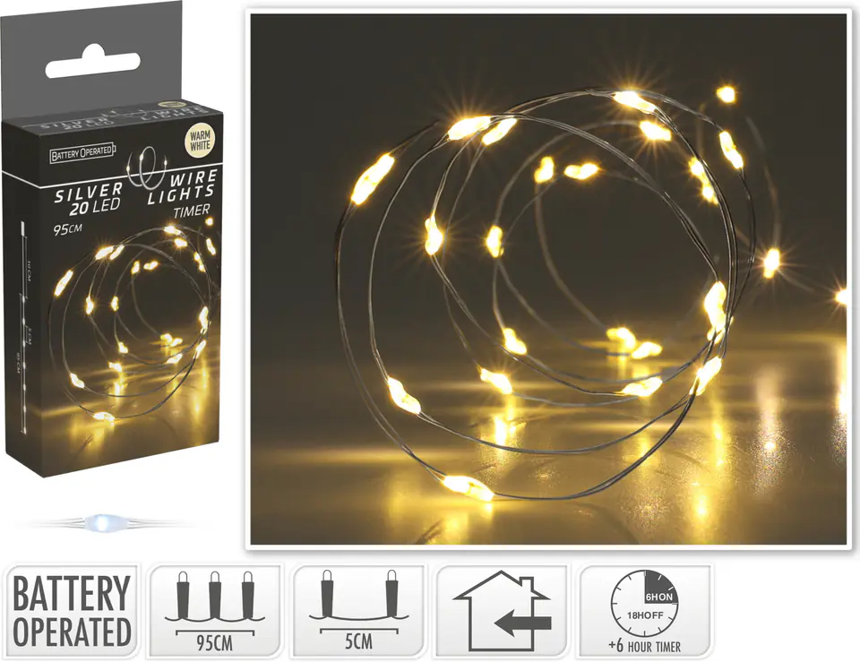⁨ŁAŃCUCH LED 20L CIEPŁA BIEL WEWNĘTRZNE 95CM TIMER NA BATERIE⁩ w sklepie Wasserman.eu