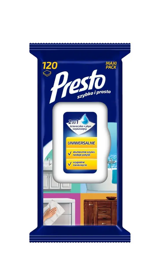 ⁨Presto Ściereczki Czyszczące+Płyn 2w1 Uniwersalne 120szt.⁩ w sklepie Wasserman.eu