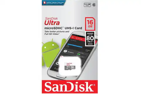 ⁨PAMIĘĆ SECUREDIGITAL SANDISK 16GB MICRO SDXC UHS-I ULTRA 80 MB/s ANDROID⁩ w sklepie Wasserman.eu
