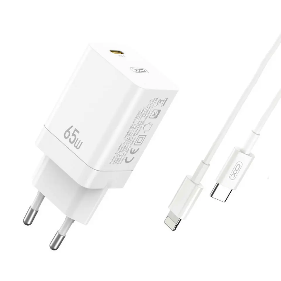 ⁨Ładowarka Sieciowa PD 65W 1xUSB-C + Kabel USB-C - iPhone Lightning 1m XO CE10 biała⁩ w sklepie Wasserman.eu