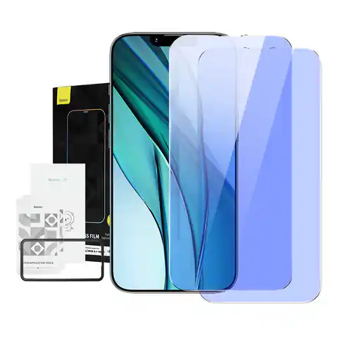 ⁨Tempered Glass with 0.3mm Baseus Blue Light Filter for iPhone 14/13/13 Pro (2pcs)⁩ at Wasserman.eu