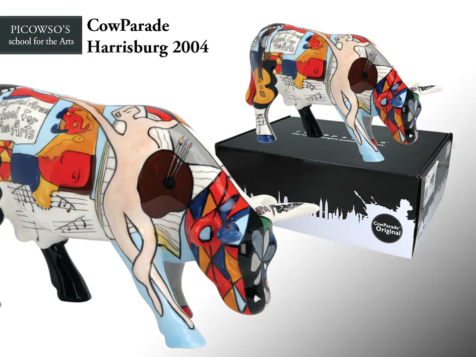 ⁨CowParade Harrisburg 2004, Picowso's School for the Arts, autor: Allison Mushalko.⁩ w sklepie Wasserman.eu