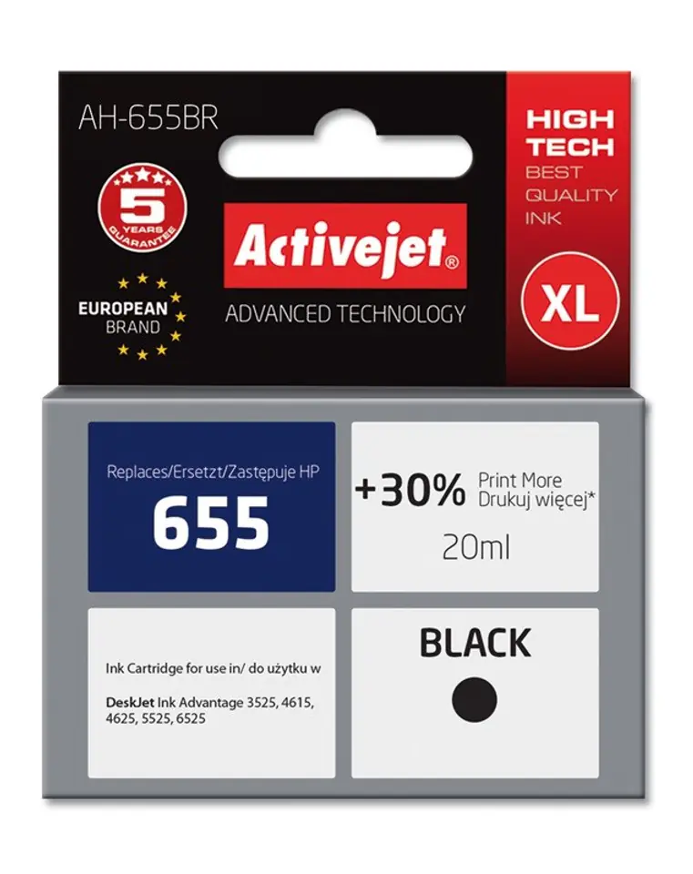 ⁨Activejet AH-655BR ink (replacement for HP 655 CZ109AE; Premium; 20 ml; black)⁩ at Wasserman.eu