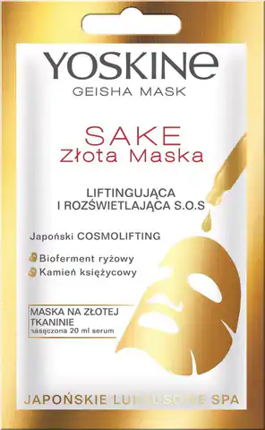 ⁨Yoskine Geisha Mask Sake Złota Maska na tkaninie liftingująca i rozświetlająca S.O.S. 20ml⁩ w sklepie Wasserman.eu