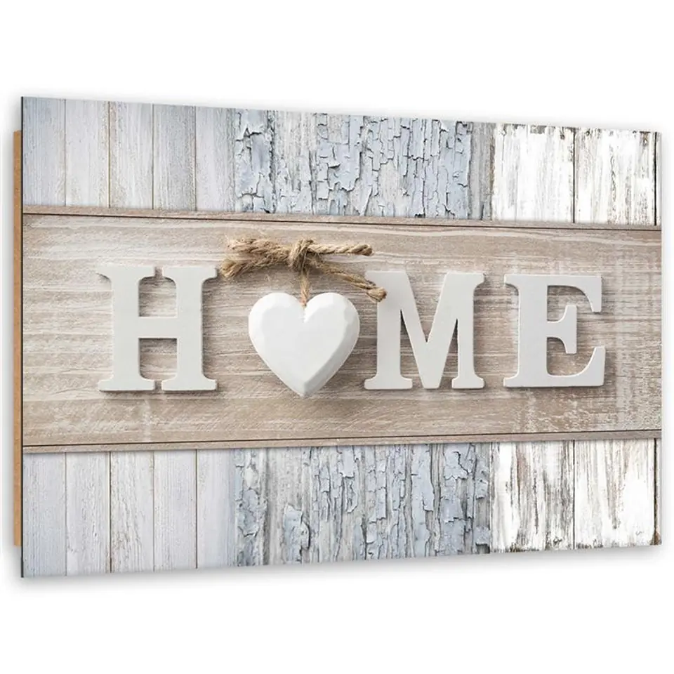 ⁨Obraz Deco Panel, Napis Home na tle różnych rodzajów drewna (Rozmiar 100x70)⁩ w sklepie Wasserman.eu