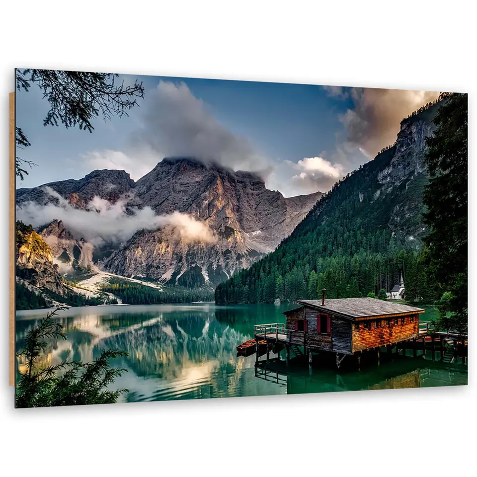 ⁨Obraz Deco Panel, Chatka nad jeziorem w górach (Rozmiar 100x70)⁩ w sklepie Wasserman.eu