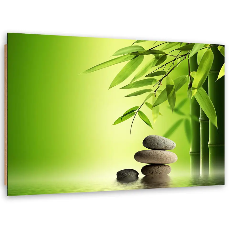 ⁨Obraz Deco Panel, Kamienie zen i bambus na zielonym tle (Rozmiar 100x70)⁩ w sklepie Wasserman.eu