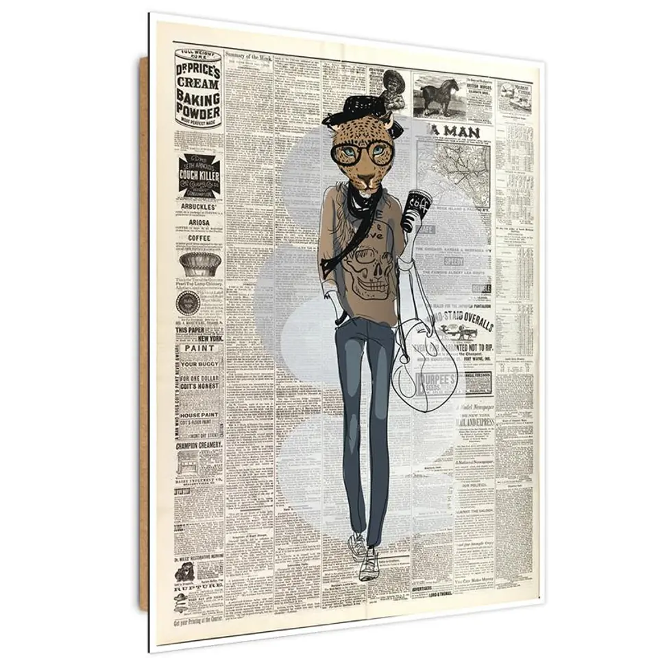 ⁨Obraz Deco Panel, Lampart hipster - artykuł w gazecie (Rozmiar 40x60)⁩ w sklepie Wasserman.eu