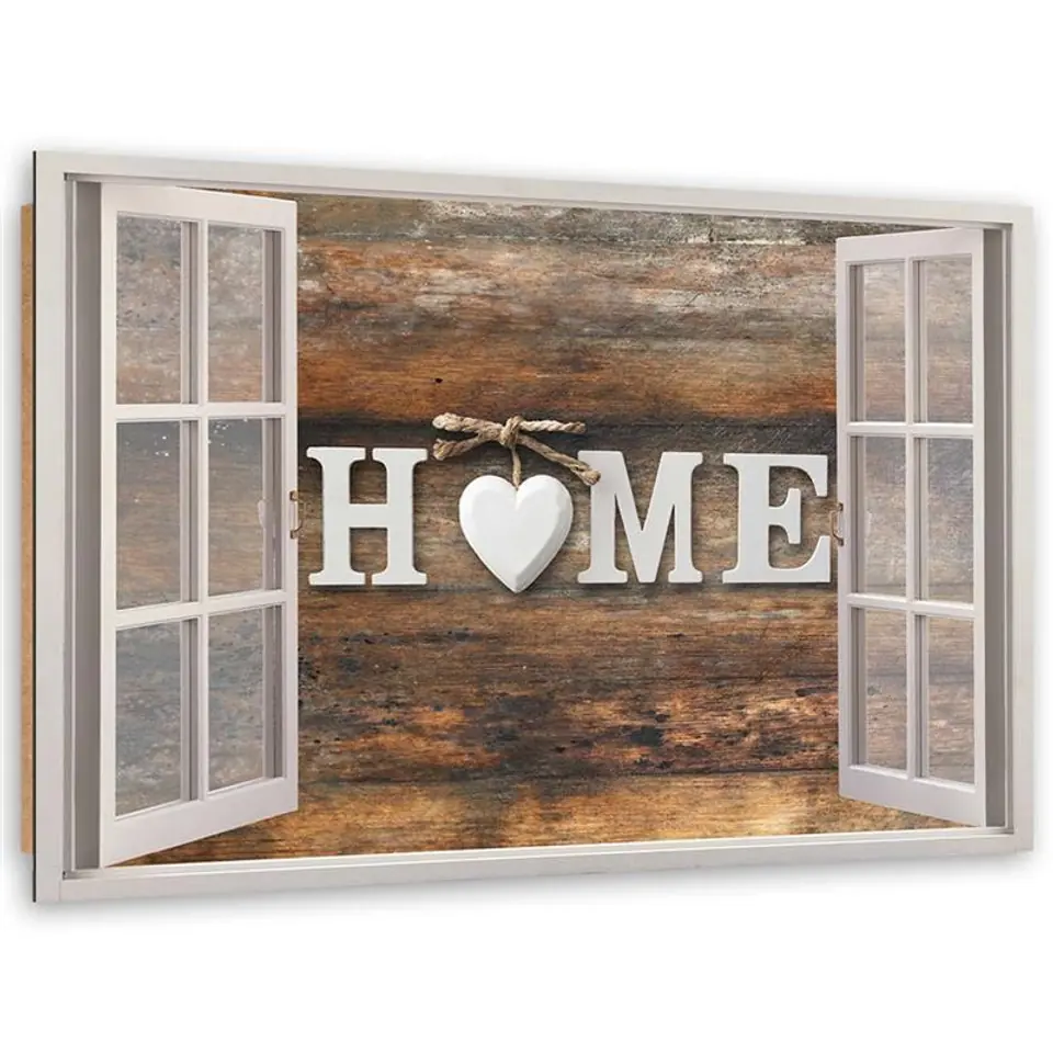 ⁨Obraz Deco Panel, Napis Home na ciemnym drewnie w oknie (Rozmiar 100x70)⁩ w sklepie Wasserman.eu