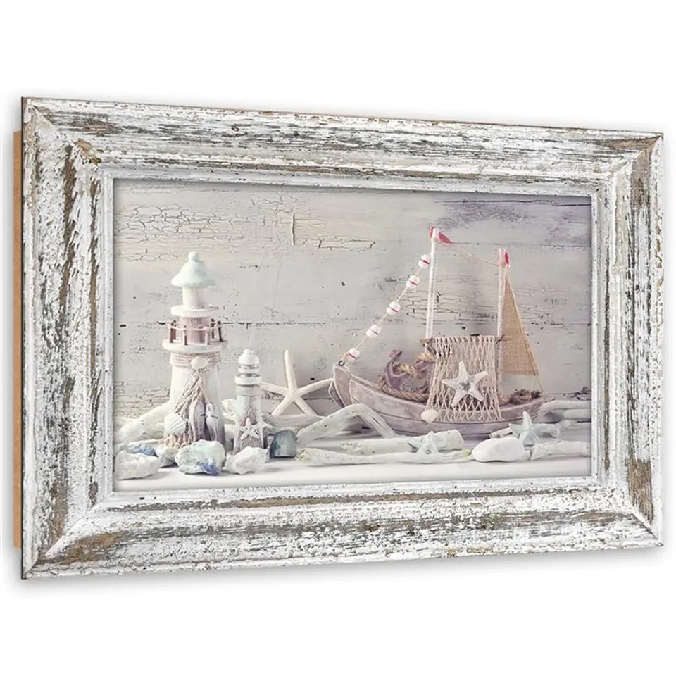 ⁨Obraz Deco Panel, Pamiątki znad morza w drewnianej ramie shabby chic (Rozmiar 100x70)⁩ w sklepie Wasserman.eu