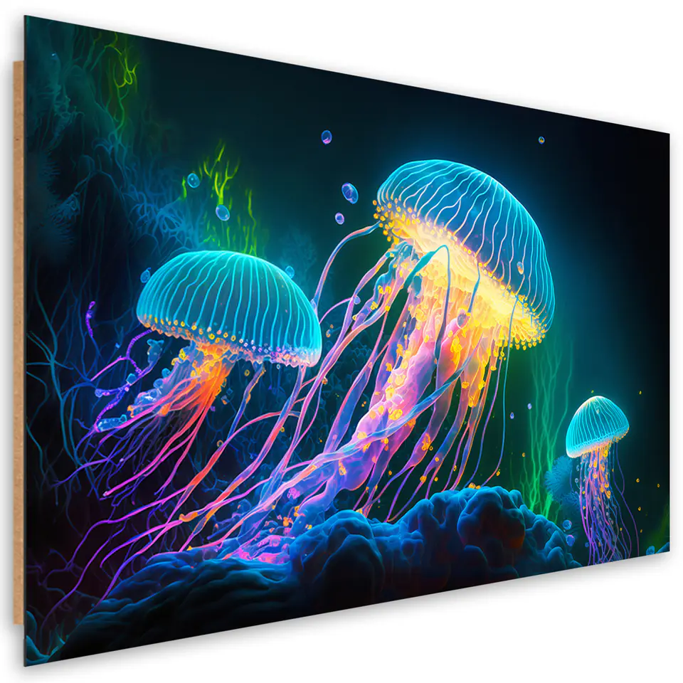 ⁨Obraz deco panel, Neonowe meduzy pod wodą (Rozmiar 60x40)⁩ w sklepie Wasserman.eu