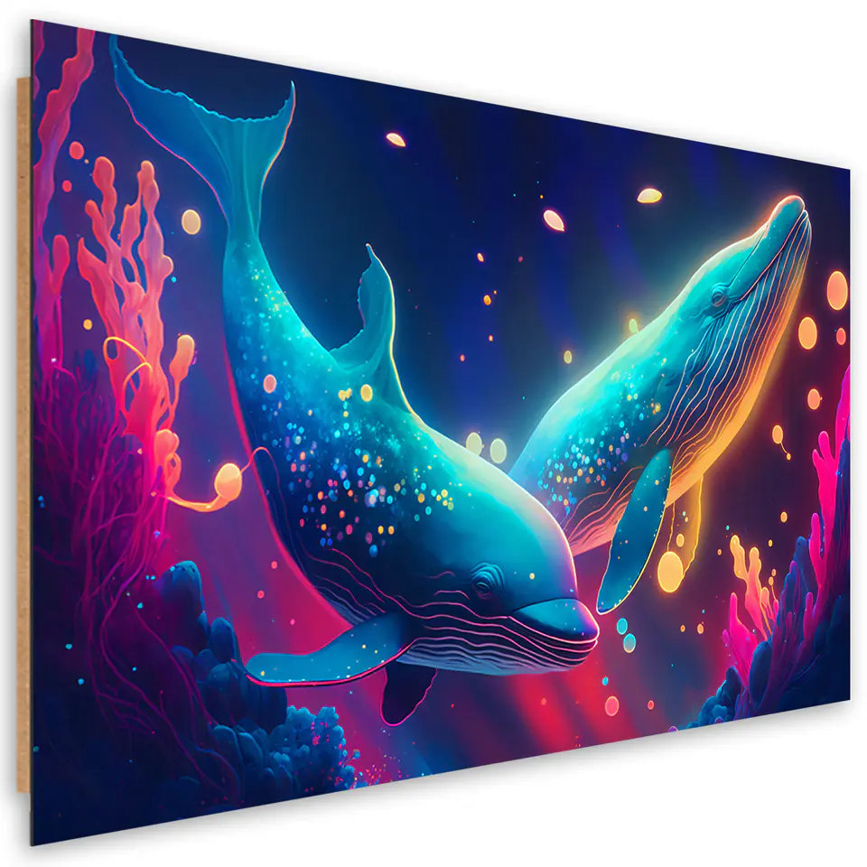 ⁨Obraz deco panel, Neonowe wieloryby pod wodą (Rozmiar 60x40)⁩ w sklepie Wasserman.eu