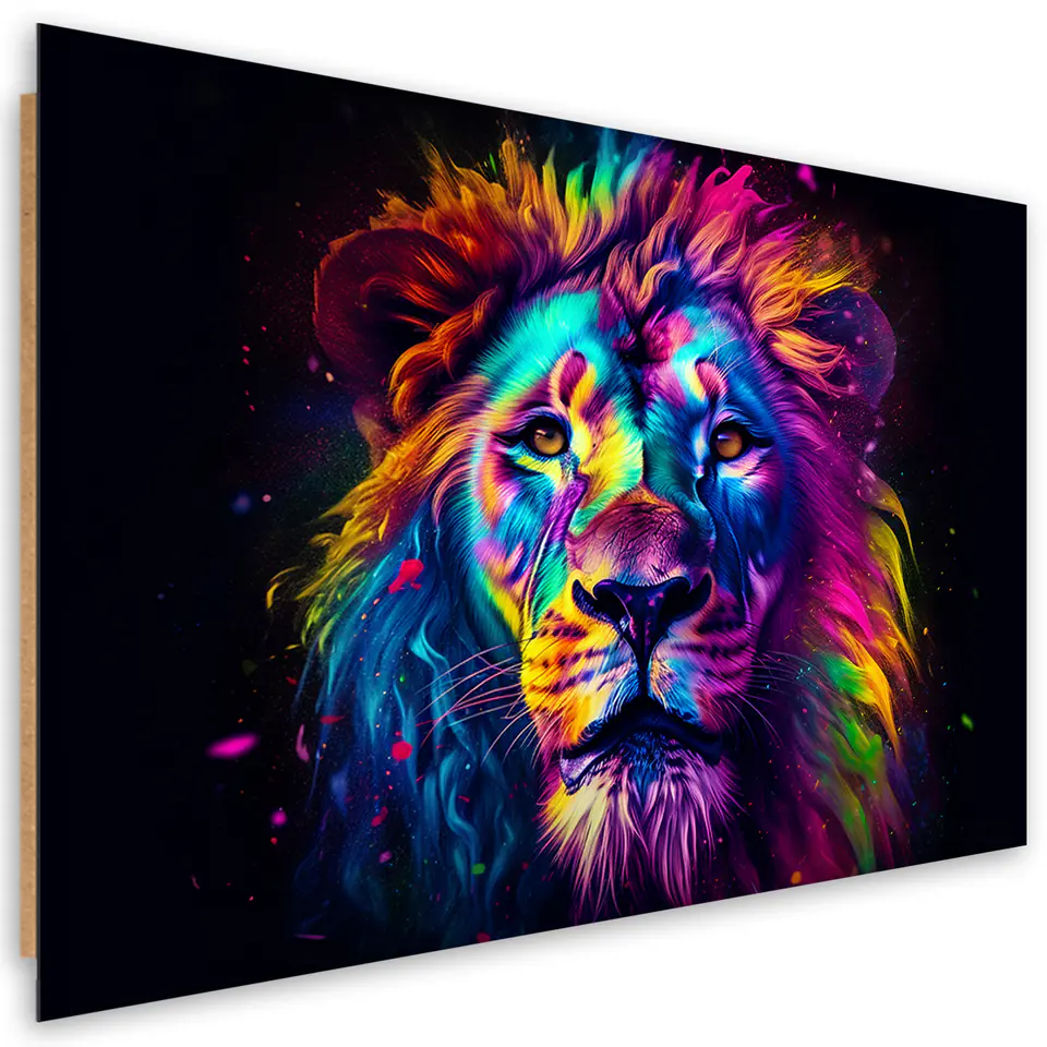 ⁨Obraz deco panel, Kolorowy Neonowy Portret Lwa Ai (Rozmiar 120x80)⁩ w sklepie Wasserman.eu