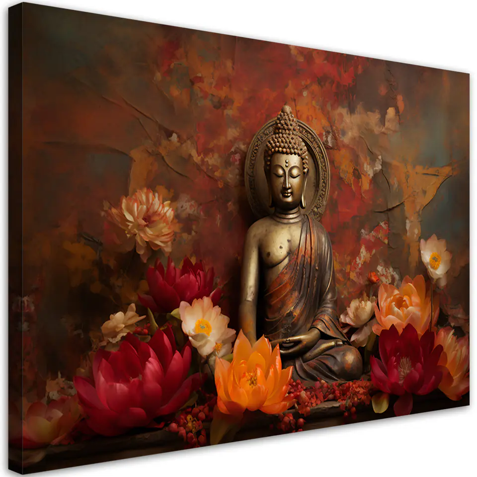 ⁨Obraz na płótnie, Medytuący Budda i kolorowe kwiaty (Rozmiar 60x40)⁩ w sklepie Wasserman.eu