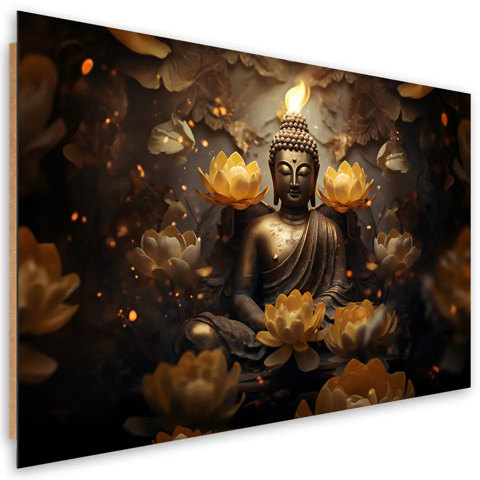 ⁨Obraz Deco Panel,  Złoty Budda i kwiaty lotosu (Rozmiar 60x40)⁩ w sklepie Wasserman.eu