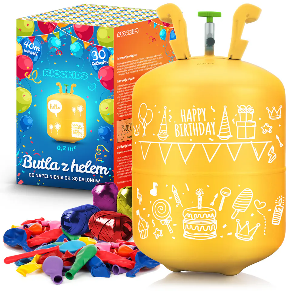 ⁨Butla z helem 0,20m3 z balonami i wstążką Ricokids⁩ w sklepie Wasserman.eu