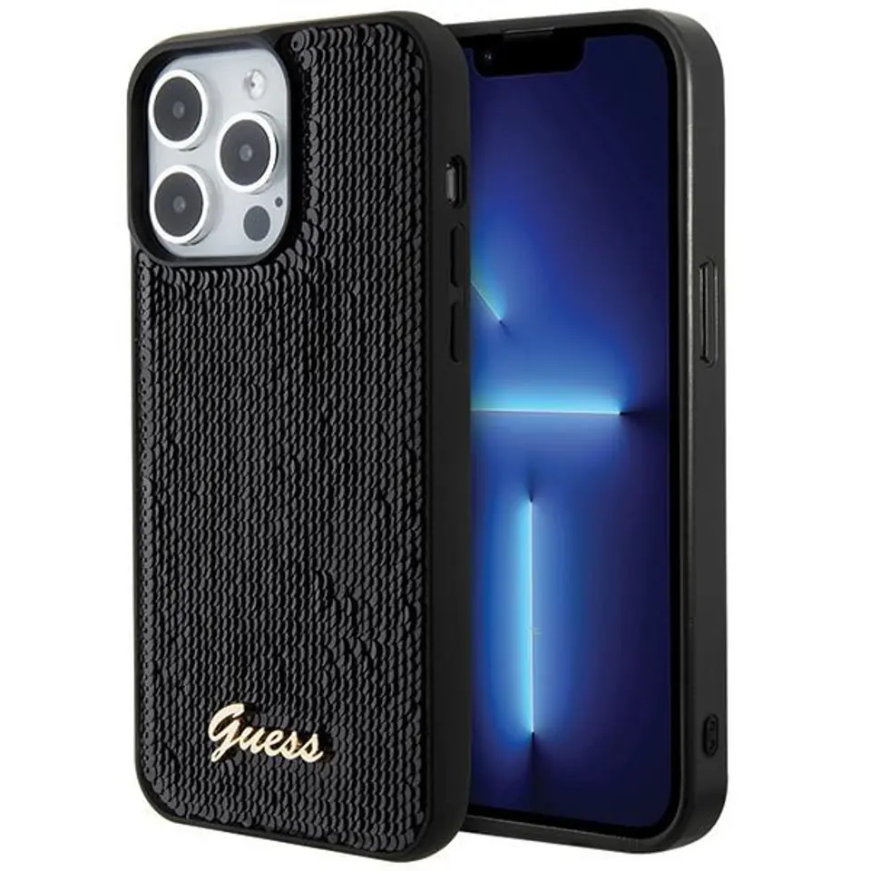 ⁨Guess GUHCP15LPSFDGSK iPhone 15 Pro 6.1" czarny/black hardcase Sequin Script Metal⁩ w sklepie Wasserman.eu