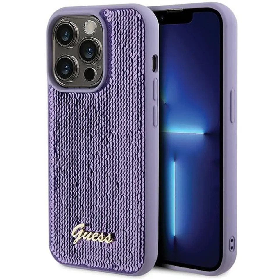 ⁨Guess GUHCP15LPSFDGSU iPhone 15 Pro 6.1" fioletowy/purple hardcase Sequin Script Metal⁩ w sklepie Wasserman.eu