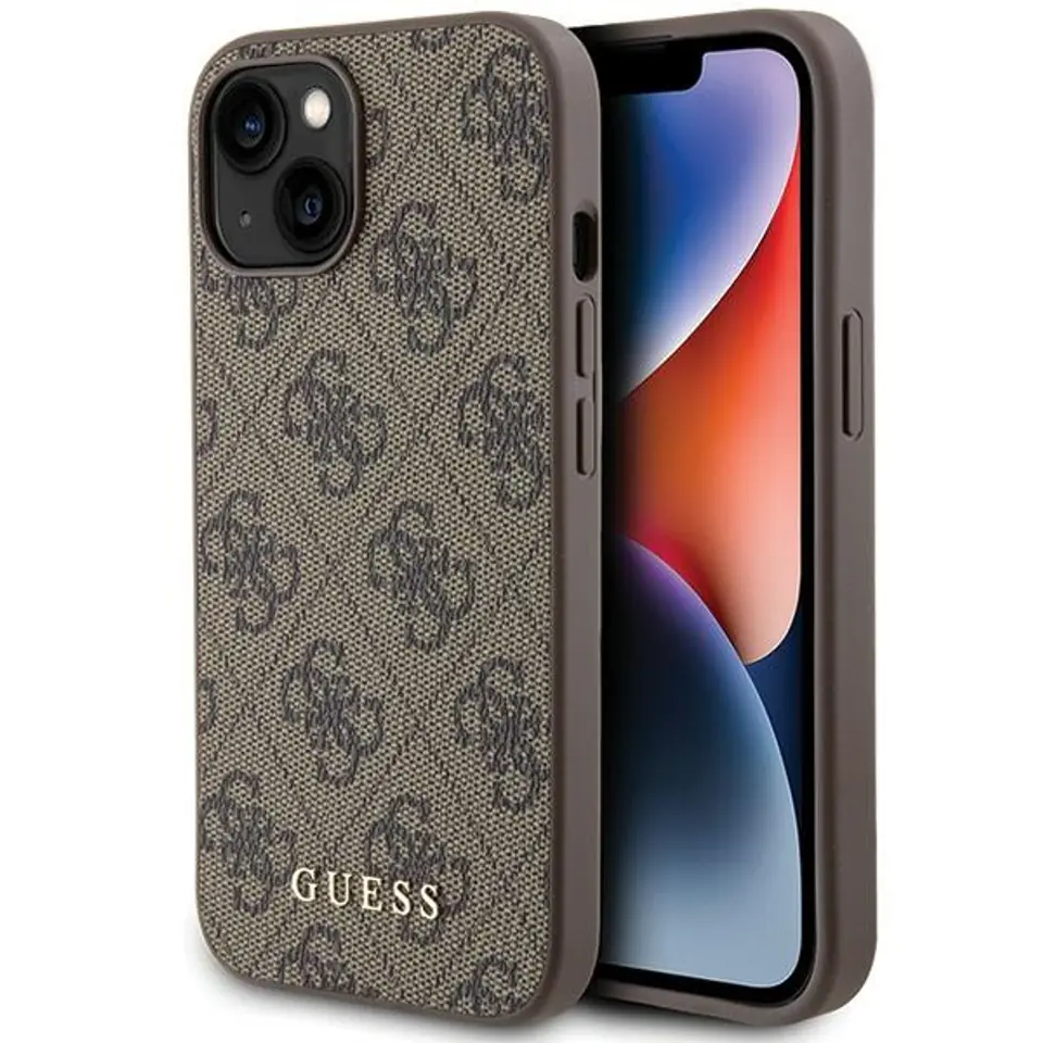 ⁨Guess GUHCP15SG4GFBR iPhone 15 6.1" brązowy/brown hard case 4G Metal Gold Logo⁩ w sklepie Wasserman.eu