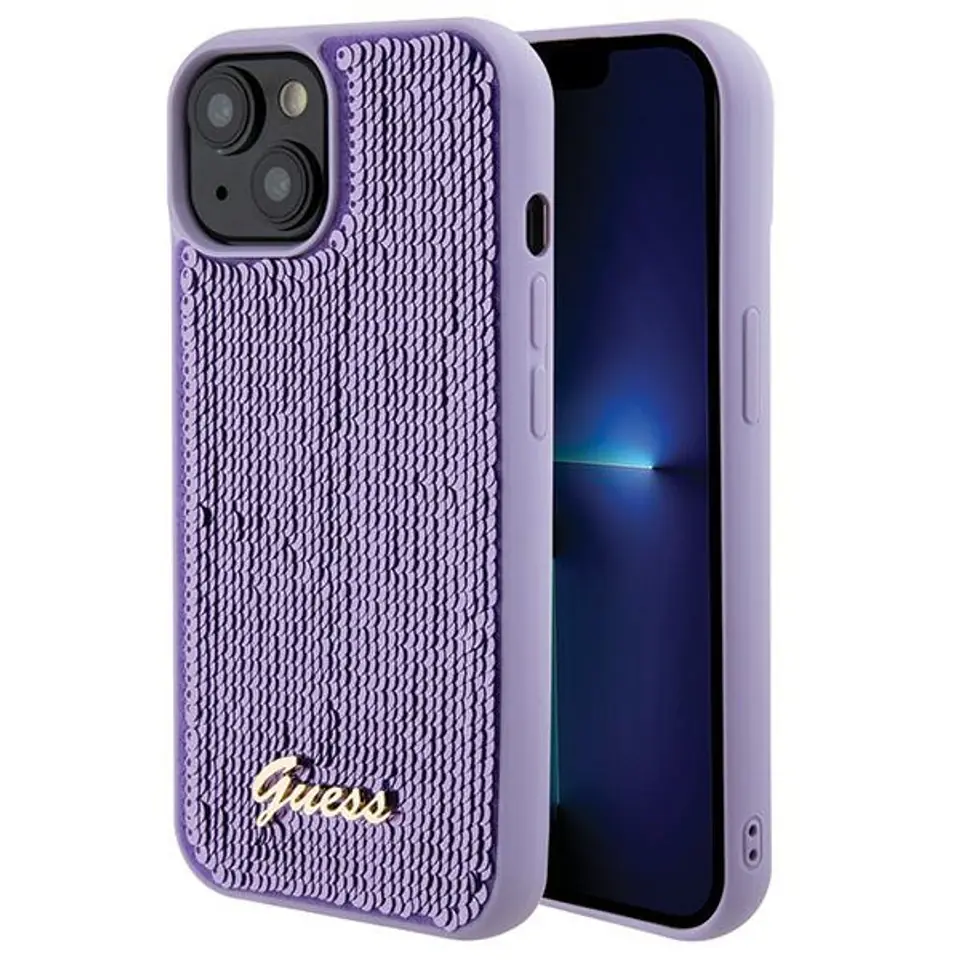 ⁨Guess GUHCP15SPSFDGSU iPhone 15 6.1" fioletowy/purple hardcase Sequin Script Metal⁩ w sklepie Wasserman.eu