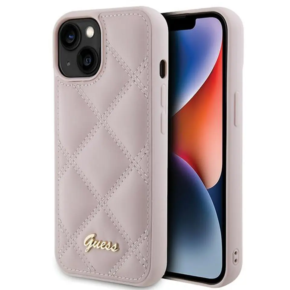 ⁨Guess GUHCP15SPSQSQSP iPhone 15 6.1" różowy/pink hardcase Quilted Metal Logo⁩ w sklepie Wasserman.eu